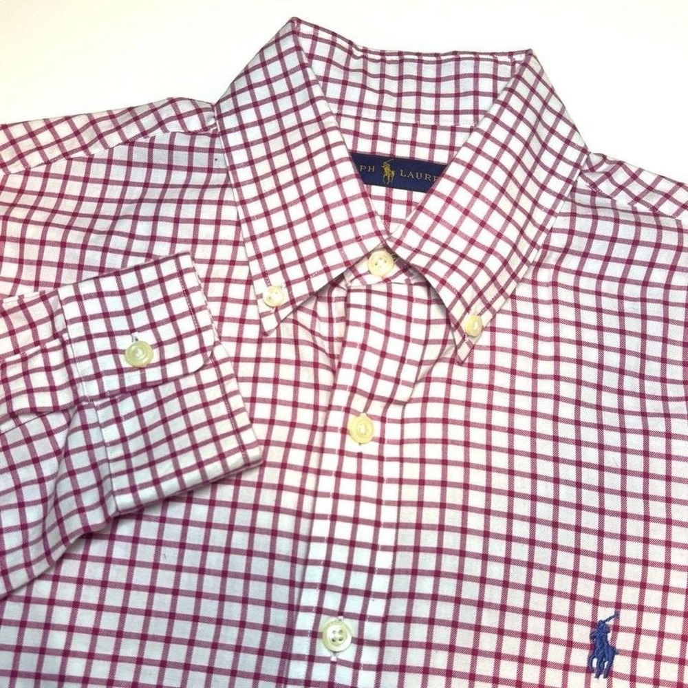 Ralph Lauren Red White Tattersall Check Mens Small Long Slevve Button Down Shirt